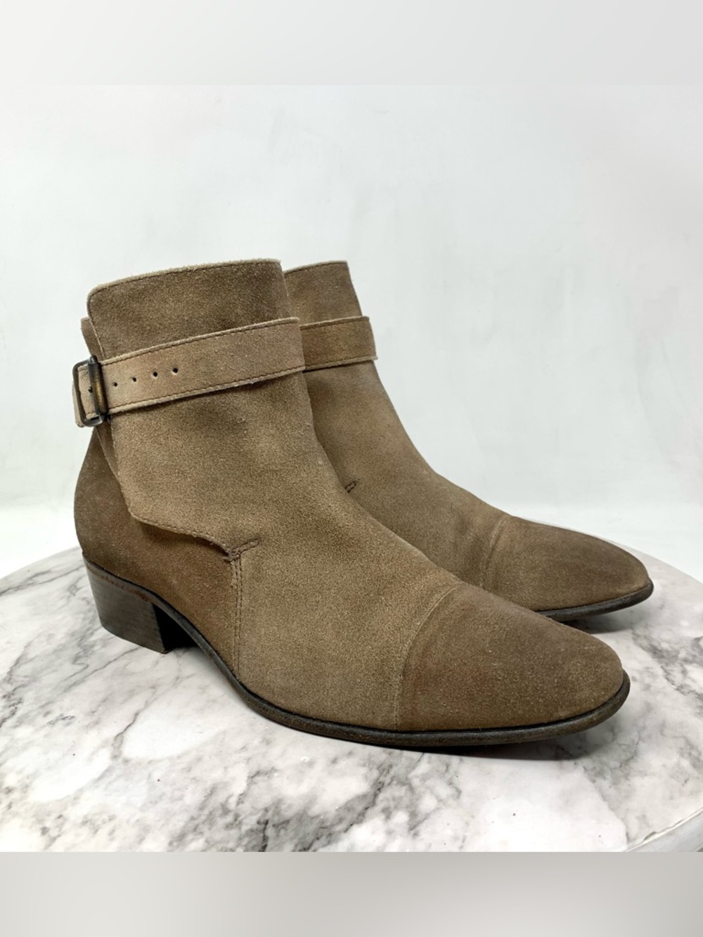 Jean-Michael Cazebet Taupe Suede Buckle Wrap Ankle Boots 37/7 Minimalist Classic